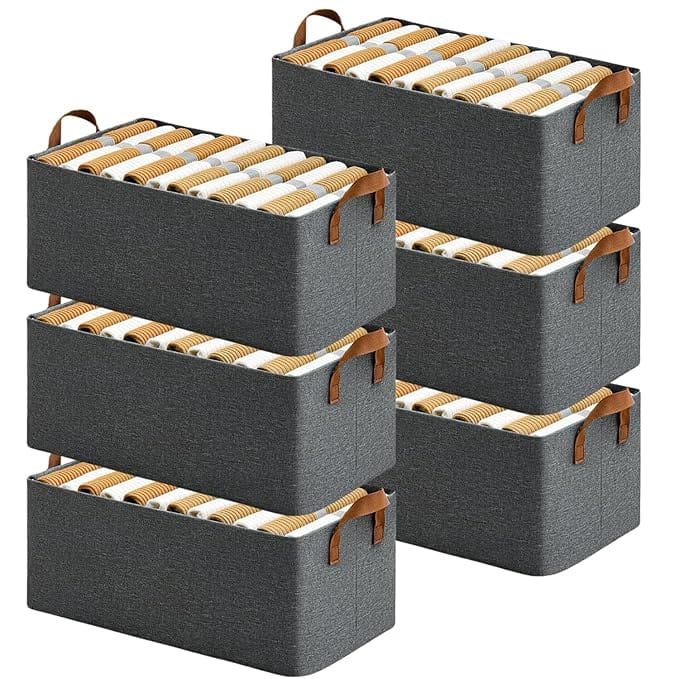 6 Pcs Wardrobe Organizer for Clothes with Metal Frame Rectangle Storage Baskets for Clothing Fabric Storage Box with Handles Shelf Basket for Storage Clothes Pants Jeans Sweater (Grey)