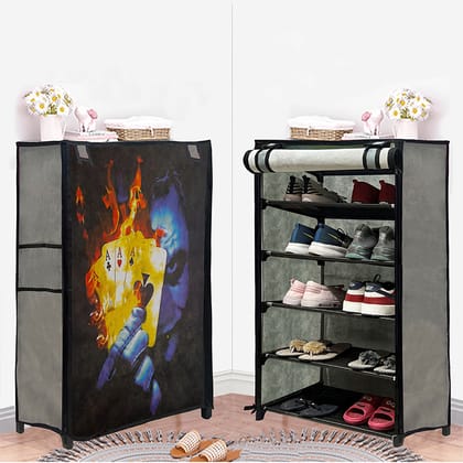 PHILOSHOP 5-Sheleves Durable Metal Frame Modular Shoe Rack with 100 GSM Fabric in Grey Unique Joker Print PHILOSHOP 5-Sheleves Durable Metal Frame Modular Shoe Rack with 100 GSM Fabric in Grey Unique Joker Print