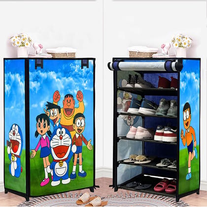 Philoshop 5-Sheleves Durable Metal Frame Modular Shoe Rack with 100 GSM Fabric in Blue Unique Doraemon Cartoon Print Philoshop 5-Sheleves Durable Metal Frame Modular Shoe Rack with 100 GSM Fabric in Blue Unique Doraemon Cartoon Print