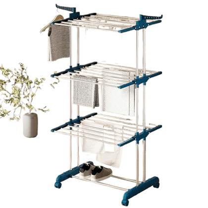 Basics Mild Steel Double Supported 3 Layer Cloth Drying Rack | Foldable and Movable | Silver & Teal | Iron, Plastic