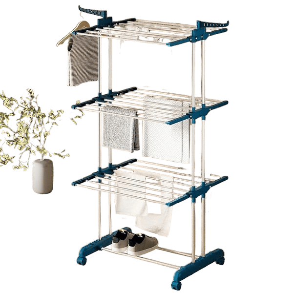 Basics Mild Steel Double Supported 3 Layer Cloth Drying Rack | Foldable and Movable | Silver & Teal | Iron, Plastic