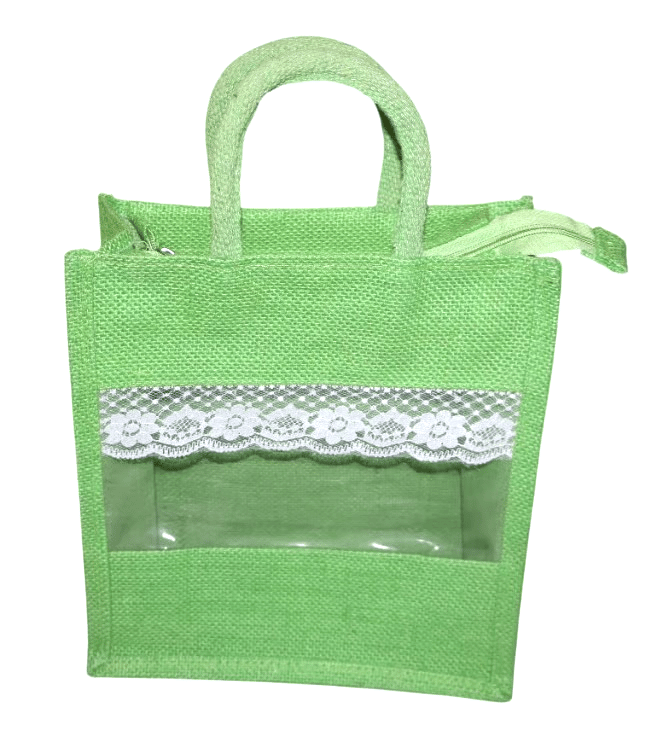 Green Jute Bag with Lace and Clear Window - Eco-Friendly Tote
