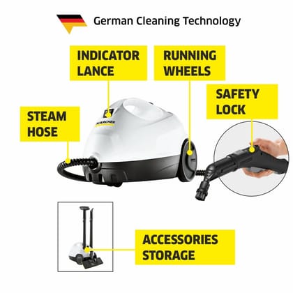 KARCHER SC 2 EasyFix Steam Cleaner, 1500W, 3.2 Bar Pressure, 1200L Steam/L Water, Chemical Free Cleaning, Removes 99.99% Viruses & Bacteria, EasyFix Floor Kit, Ideal for Home Use, German Tech, White
