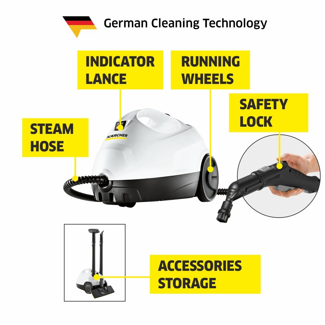 KARCHER SC 2 EasyFix Steam Cleaner, 1500W, 3.2 Bar Pressure, 1200L Steam/L Water, Chemical Free Cleaning, Removes 99.99% Viruses & Bacteria, EasyFix Floor Kit, Ideal for Home Use, German Tech, White