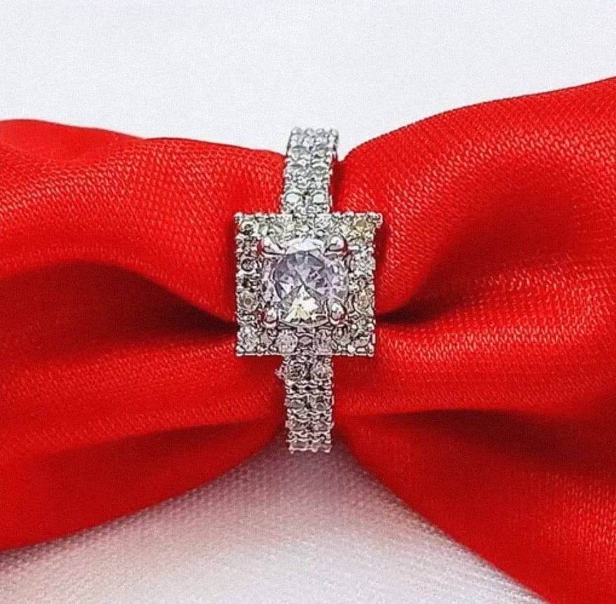 Elegant Princess-Cut Silver-Plated Ring with Pave CZ Stones