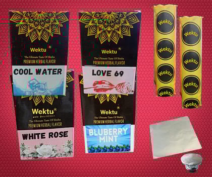 Wektu Premium Herbal Shisha Flavors -4 Packet/Cool Water/ Love 69/ White Rose/Blue Berry/ 2 Roll Charcoal/10 Foil/1