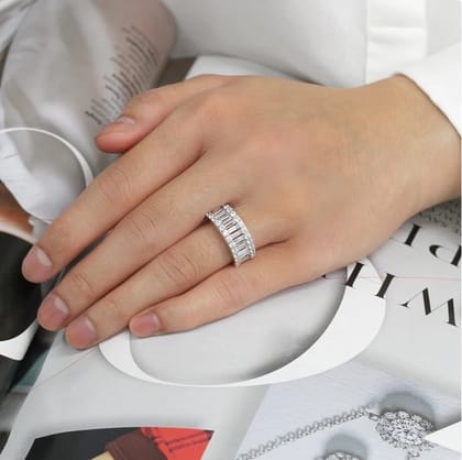 Luxurious Adjustable Silver Band Ring with Baguette and Round CZ Stones