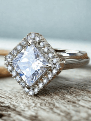 Princess-Cut Solitaire Ring with Double Halo Setting – Silver Finish