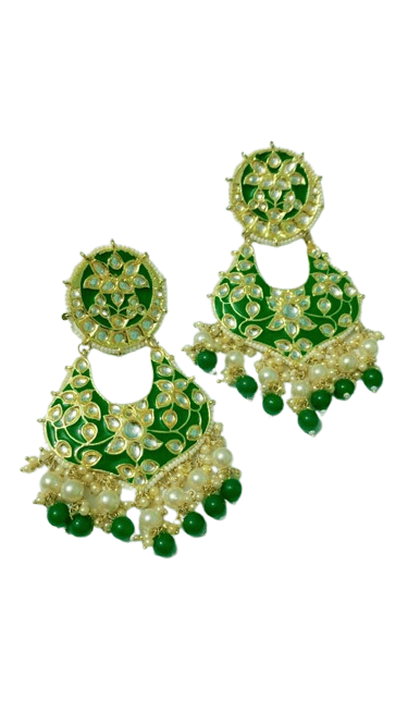 Green & Gold Statement Earrings with Pearl Drops - Elegant Jewelry