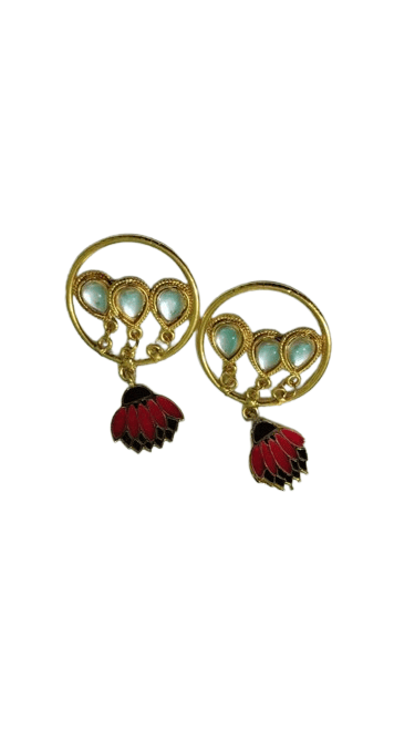 Handcrafted Gold Earrings with Gemstones & Floral Pendant