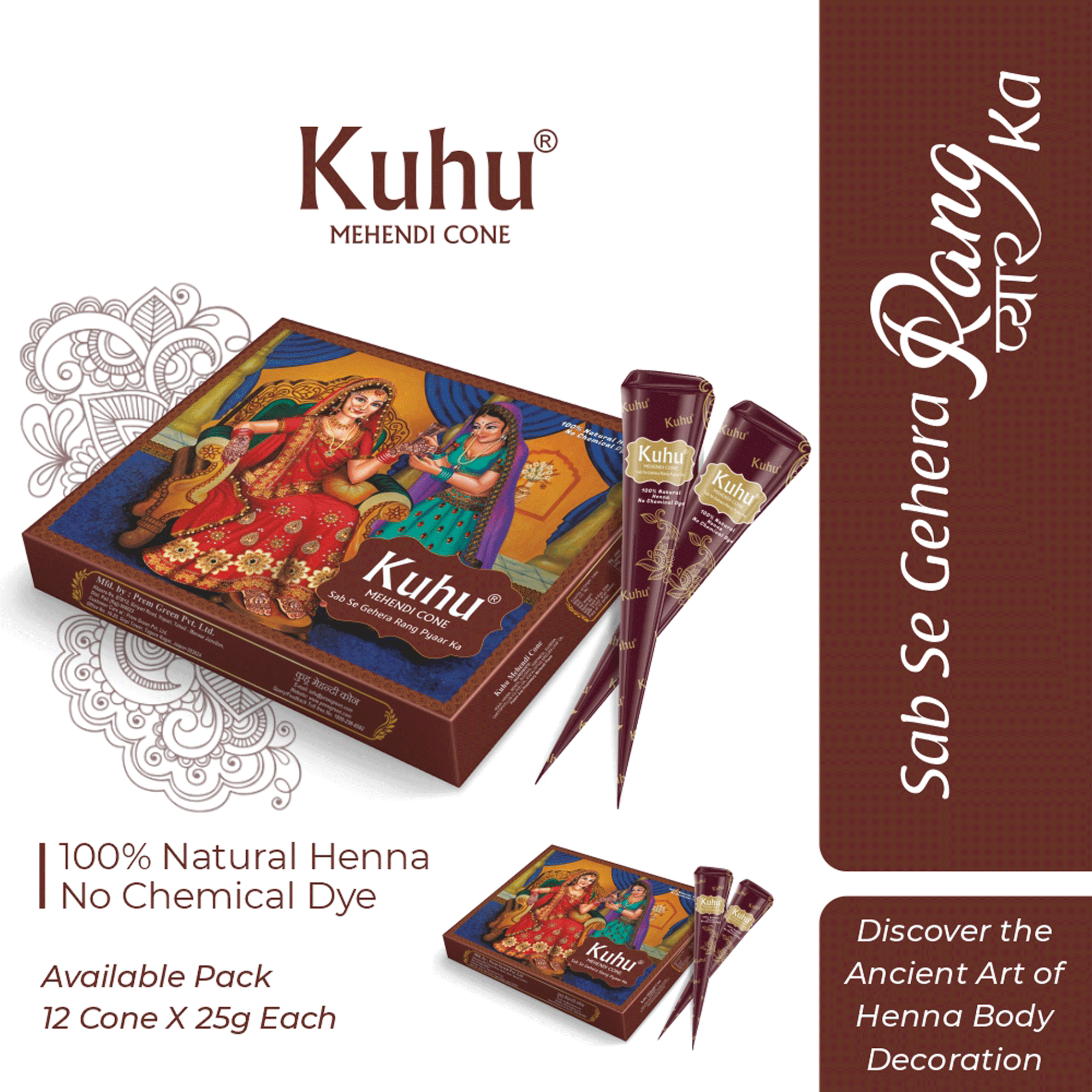 Kuhu Natural Henna Mehendi Cones | Chemical-Free for Hands & Freckles | Red Delight Box for Women & Girls