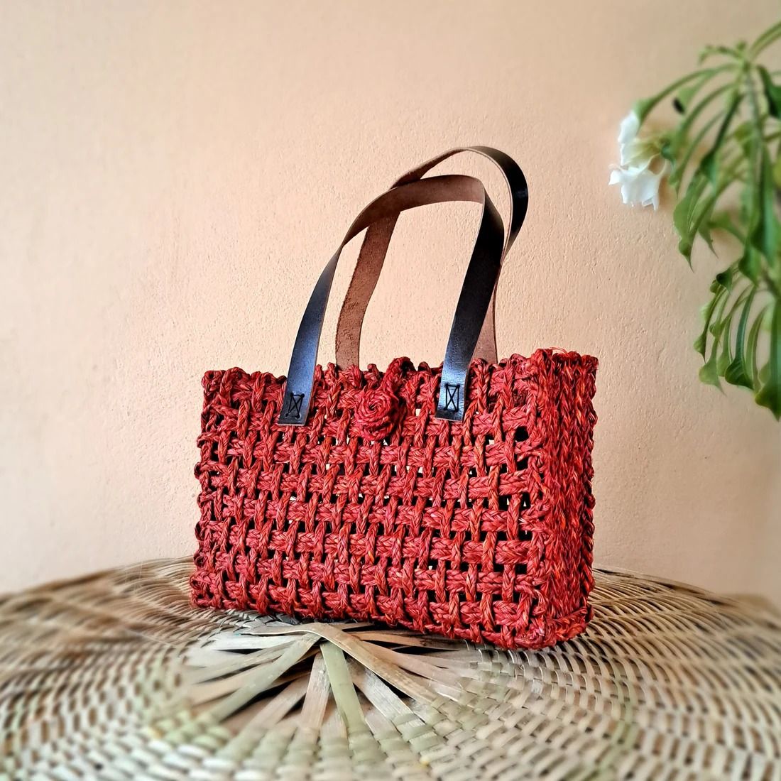 Handcrafted Red Sabai Grass Travel Mesh Bag