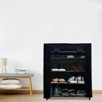 PHILOSHOP 4-Tier Metal Shoe Rack with Dustproof Cover – Black, Space-Saving Storage Organizer for Entryway PHILOSHOP 4-Tier Metal Shoe Rack with Dustproof Cover – Black, Space-Saving Storage Organizer for Entryway