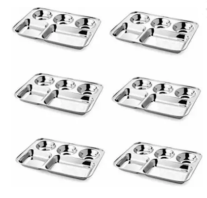 Wektu Stainless Steel Bhojan Thal/5 in 1/ Divided Plates Set of 6 - Perfect for Meals/Food Grade Pass/1