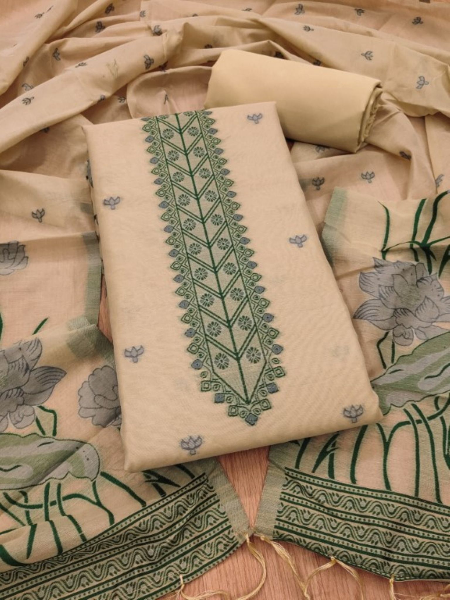 Baige Muga Cotton Banarasi 3Pcs Dress Material
