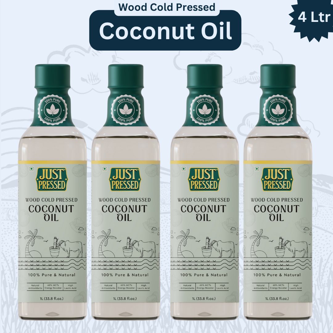Just Pressed Coconut Wood Pressed Oil (Chekku) Cold Pressed Coconut Oil, 100% Pure & Natural Untreated & Unrefined Coconut oil for Healthy Cooking - 4L
