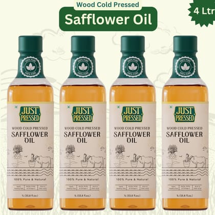 Just Pressed Cold Pressed Safflower Oil | 100% Pure Safflower Kusum Saffola Oil | Unrefined & Zero Additives | Healthy Heart Oil | Saffola Hero Ingredient | Kachi Ghani Oil | Wood Cold Pressed Oil | Safflower Oil 4L