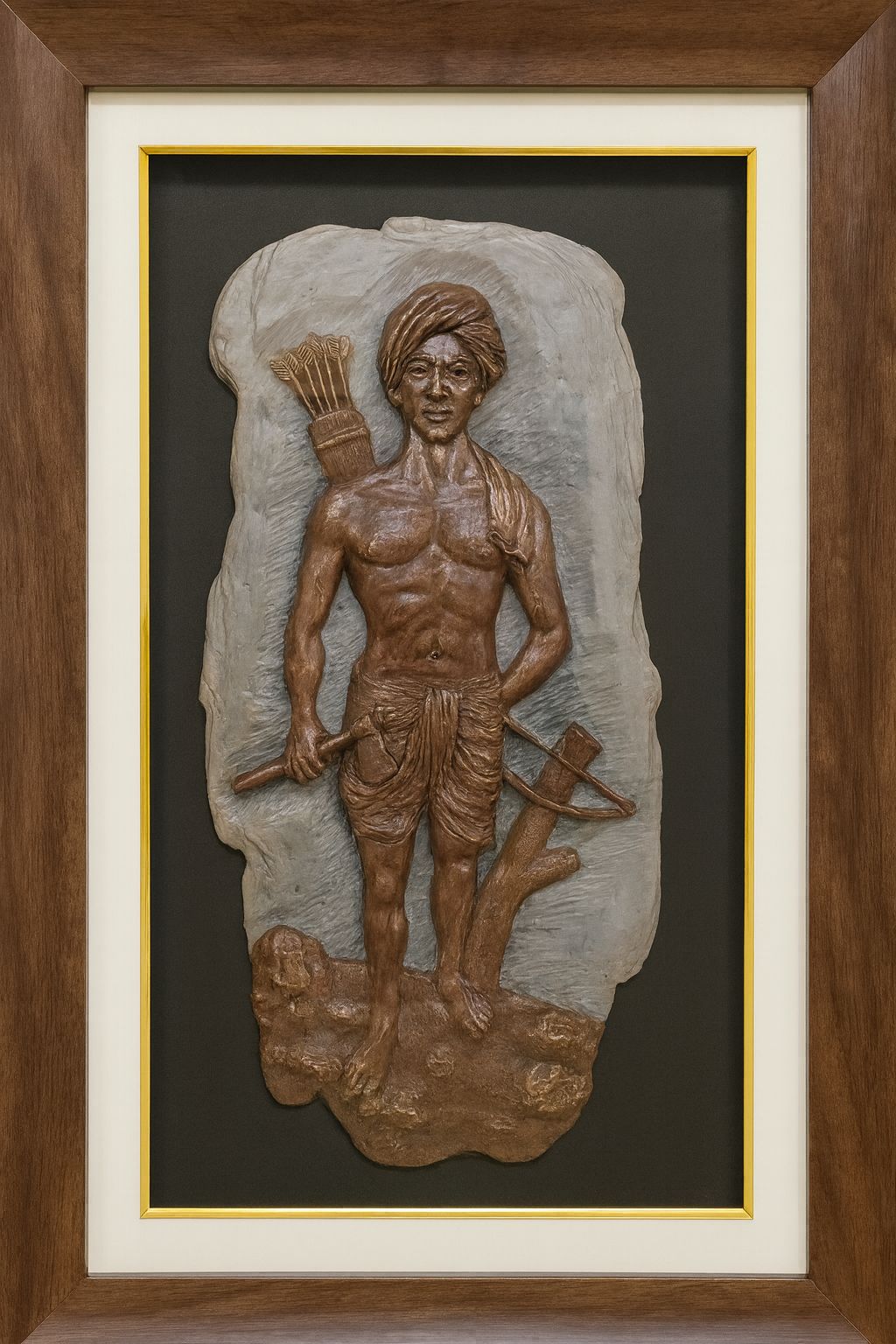 Bronze Relief Sculpture of Tribal Warrior with Frame