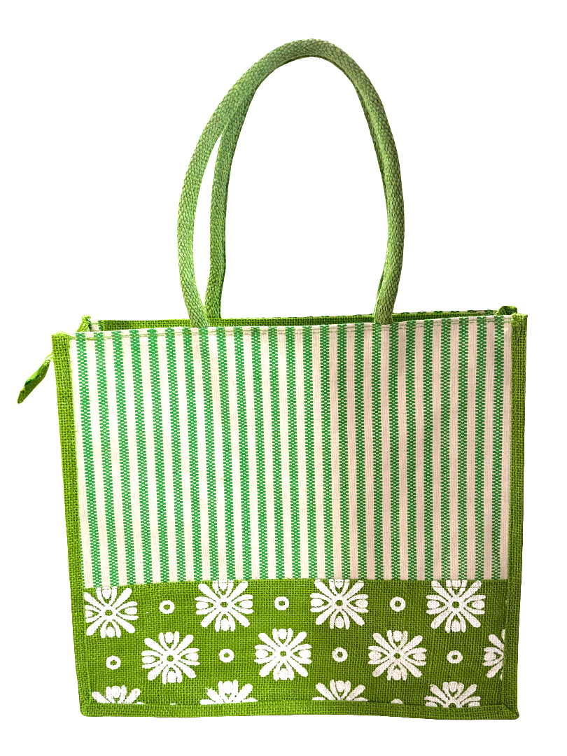 Green Striped Jute Tote Bag with Floral Design
