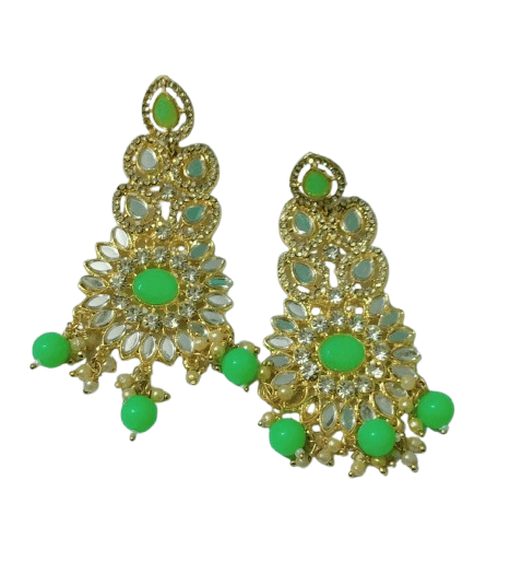 Green & Gold Statement Earrings with Pearl Drops - Elegant Jewelry