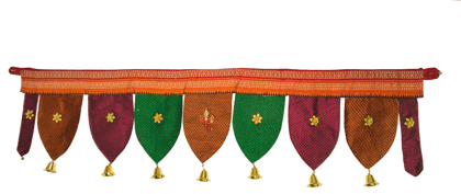 Traditional Handmade Khan Fabric Toran With Attractive Bells and Shubh Chinha With Traditional Border.Bring home the spirit of Indian heritage—shop our Khan Fabric Torans today and transform your space with tradition, color, and joy.