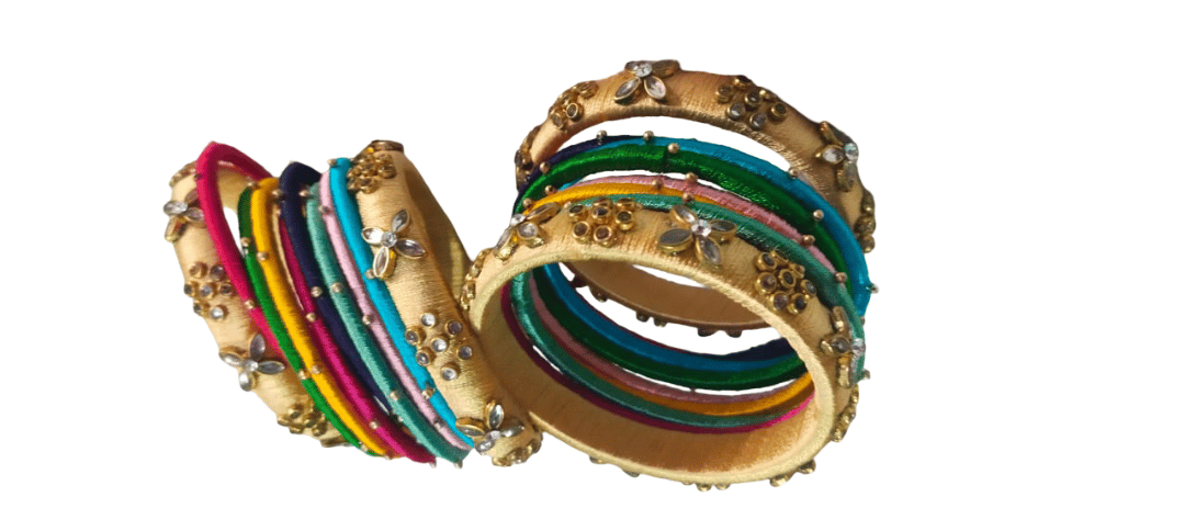 Silk Thread Bangles Set with Stone Embellishments - Colorful & Elegant