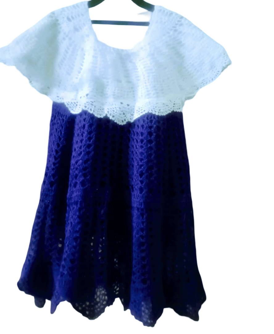 Handcrafted Crochet Dress - White & Indigo Elegance