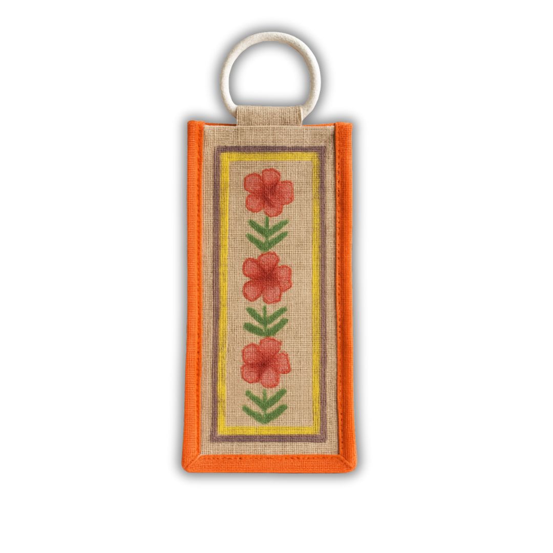 Eco-Friendly Single Bottle Jute Bag with Cane Handle – Natural with Orange Border