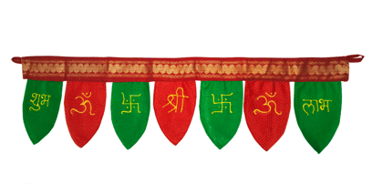 Traditional Handmade Khan Fabric Toran With Handprinted Shubh Chinhas With Traditional Border .Bring home the spirit of Indian heritage—shop our Khan Fabric Torans today and transform your space with tradition, color, and joy.