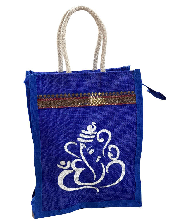 Blue Jute Tote Bag with Ganesh Motif - Eco-Friendly & Stylish
