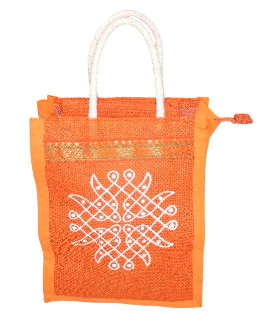 Orange Jute Bag with Traditional Indian Design Small