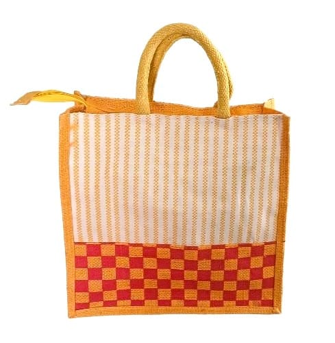 Stylish Jute Shopping Bag with Stripes and Checkered Pattern