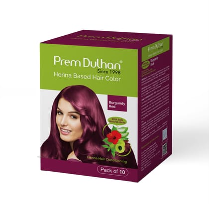 Prem Dulhan Burgundy Henna Hair Color | Herbal Hair Color Powder | Ammonia-Free, Paraben-Free | Long Lasting Grey Coverage | Natural Shine | Pack of 10 Sachets
