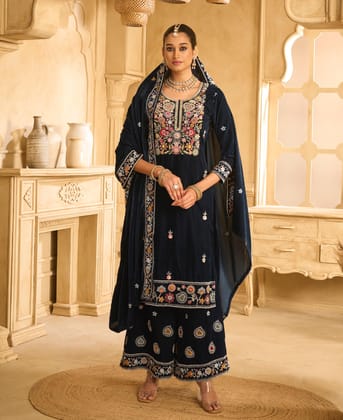 designer hand worked navy blue velvet salwar suit for women