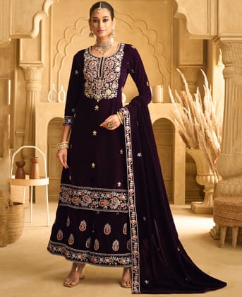 designer hand worked velvet wine palazzo suit