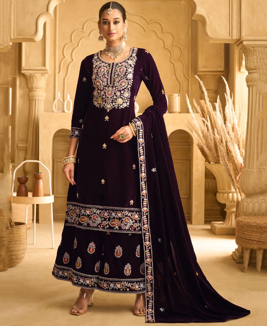 designer hand worked velvet wine palazzo suit