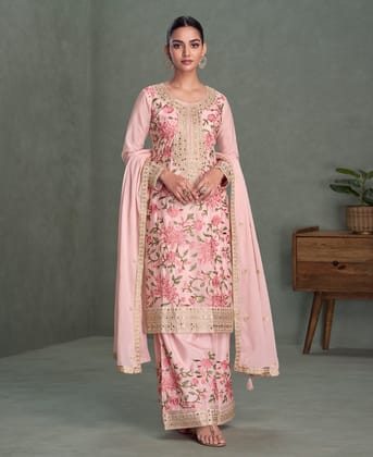 traditional wedding wear pink chinon long straight suit for women wear
