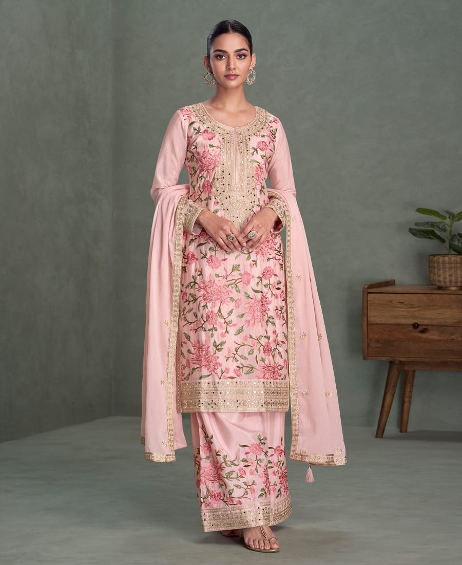 traditional wedding wear pink chinon long straight suit for women wear