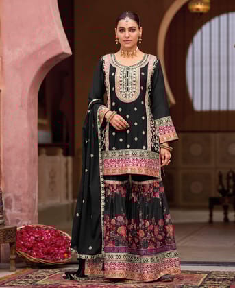 designer black heavy embroidered chinon sharara suit for women