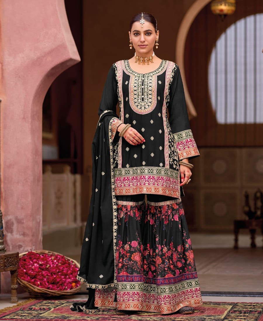 designer black heavy embroidered chinon sharara suit for women