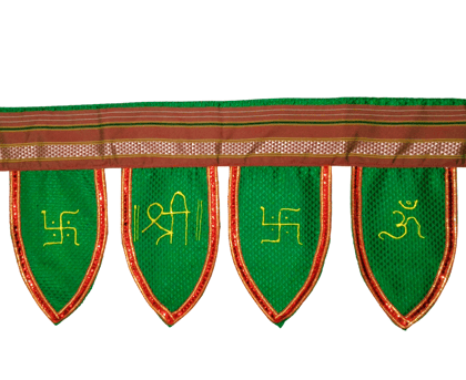 Traditional Handmade Khan Fabric Toran With Handprinted Shubh Chinhas With Red Golden Lace With Traditional Border .Bring home the spirit of Indian heritage—shop our Khan Fabric Torans today and transform your space with tradition, color, and joy