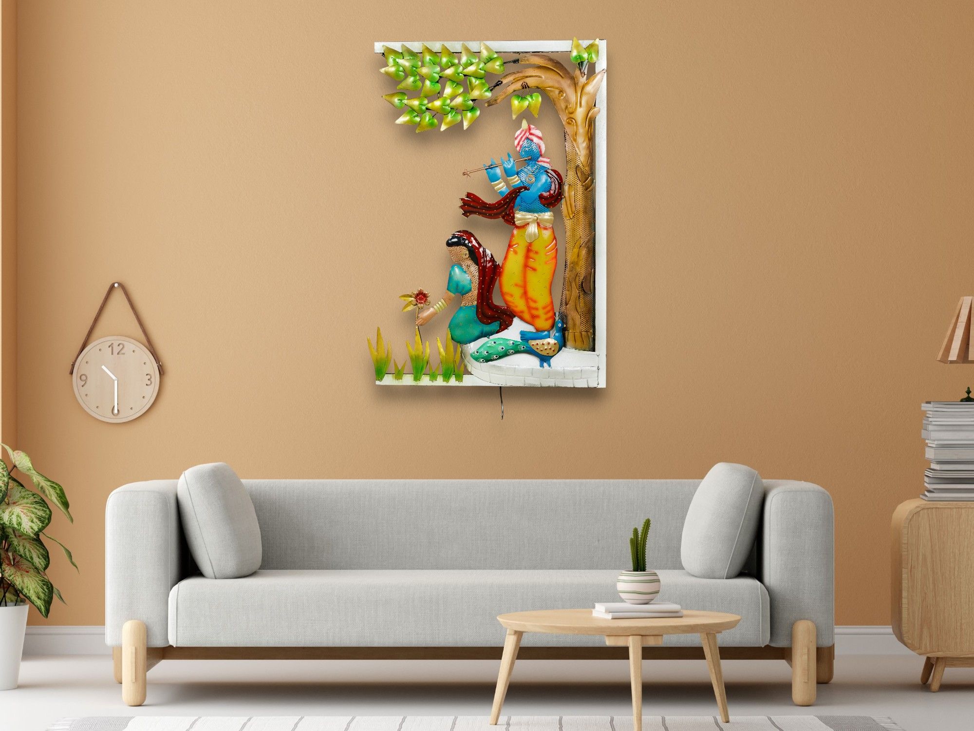 Metal Art Lord Krishna with Flute & Devotee Under Tree