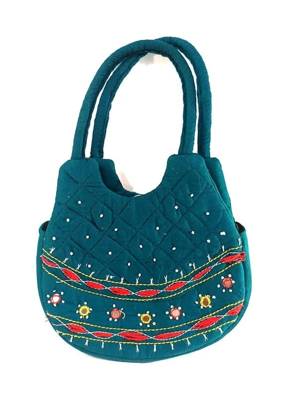 Embroidered Teal Handbag - Quilted Design with Mirror Accents