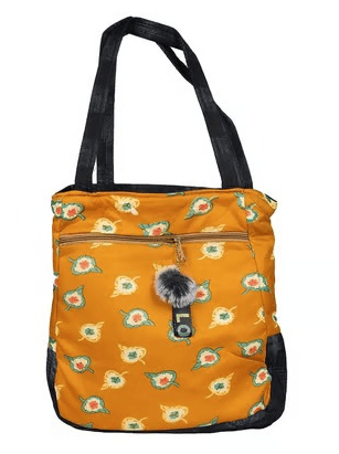 Floral Print Mustard Yellow Tote Bag with Pom-Pom