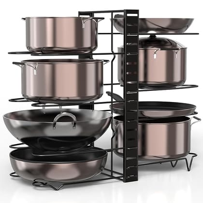 Umi 3 DIY Methods Iron Metal Portable Pot Pan Rack Organizer 8 Pots Holder, 4-tiers Each side, Cabinet Pantry Pot Pan Lid Holder (Black)