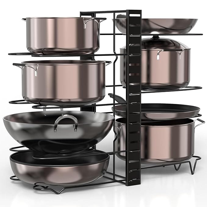 Umi 3 DIY Methods Iron Metal Portable Pot Pan Rack Organizer 8 Pots Holder, 4-tiers Each side, Cabinet Pantry Pot Pan Lid Holder (Black)