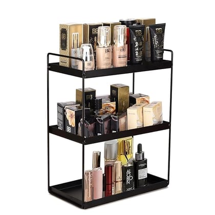 3-Tier Kitchen Counter Organiser rack, Spice Storage Shelf, Black Metal Standing rack for Kitchen Bathroom,Cosmetic Organizer or Countertop Oragnizer Rack, Multipurpose Masala Stand-make in india