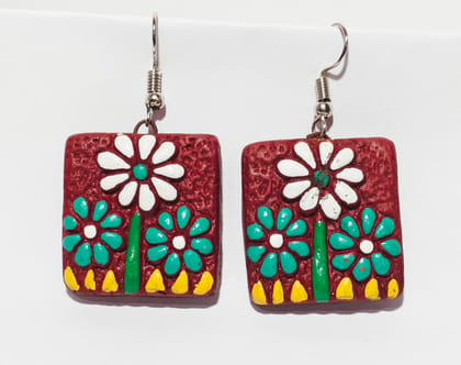 Handmade Floral Square Earrings - Maroon, Turquoise & White Flowers Handmade Floral Square Earrings - Maroon, Turquoise & White Flowers