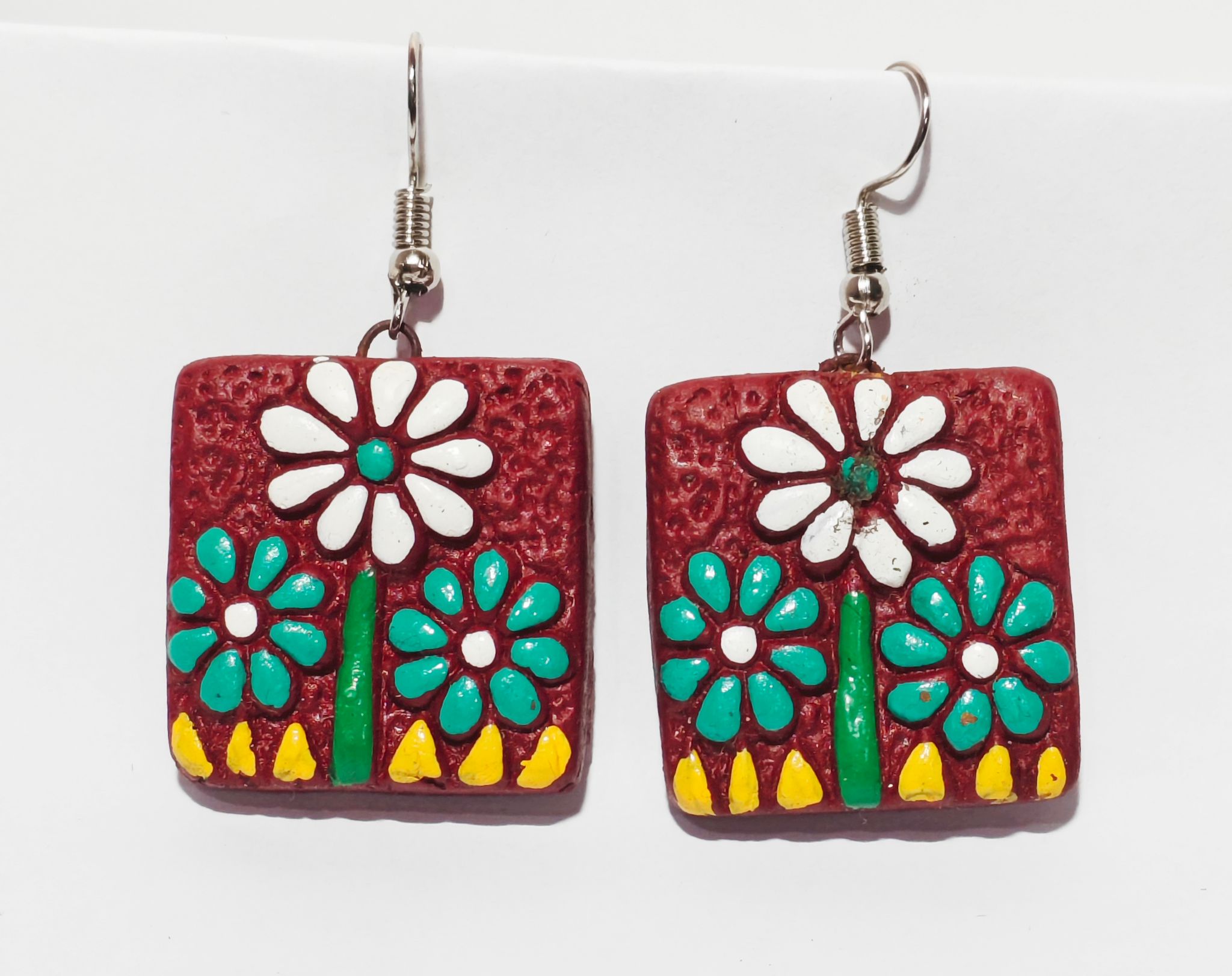Handmade Floral Square Earrings - Maroon, Turquoise & White Flowers