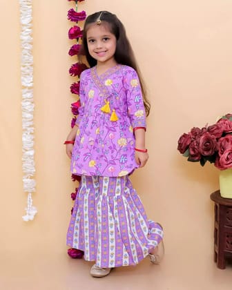 Kabir Kids Fashion Girls Purple Floral Printed Kurti Sharara Set Festive Ethnic Wear
